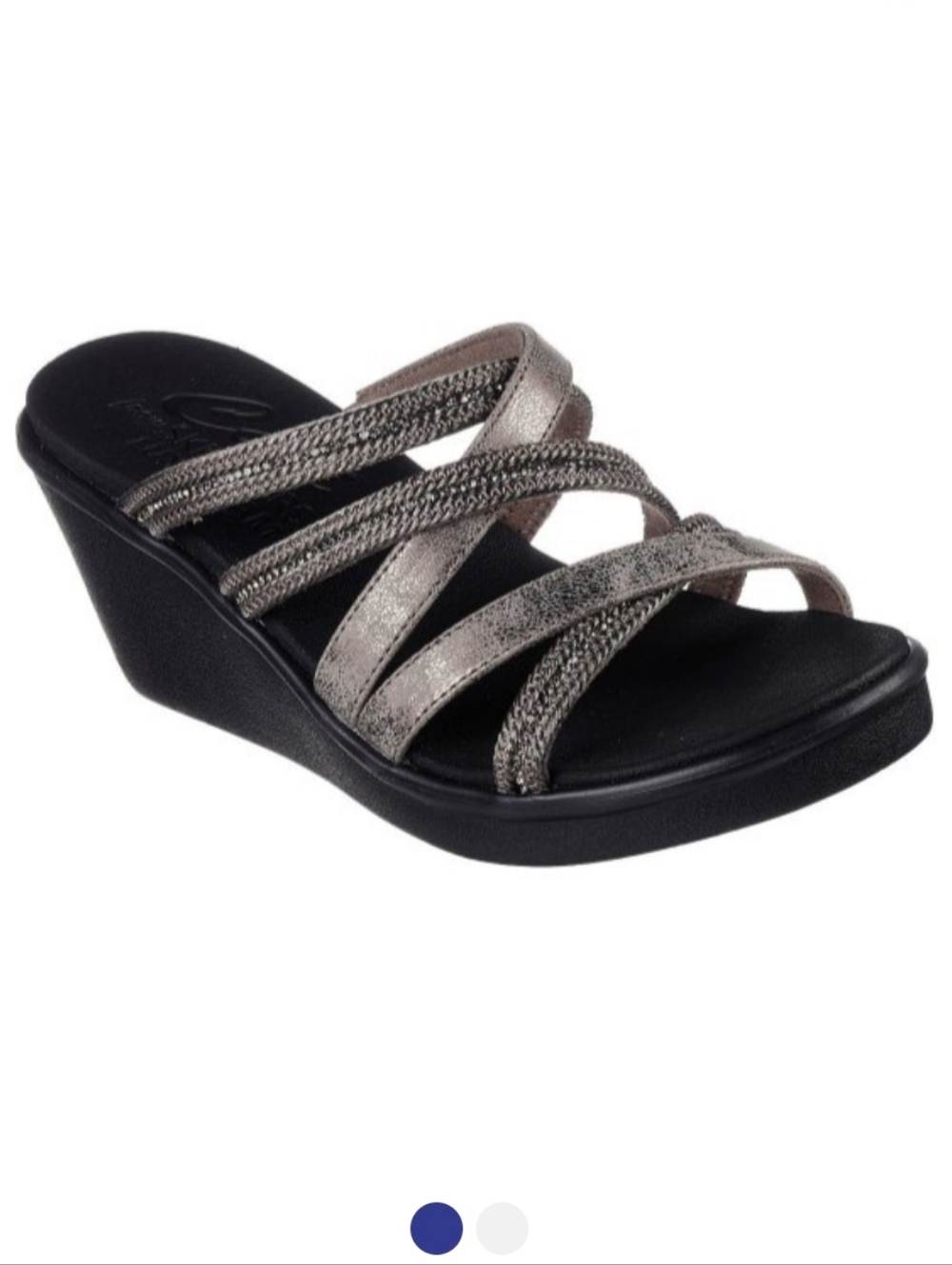 Skechers Rumble On Classy Way Pewter Metallic Multi‑Strap Wedge Slides W 9